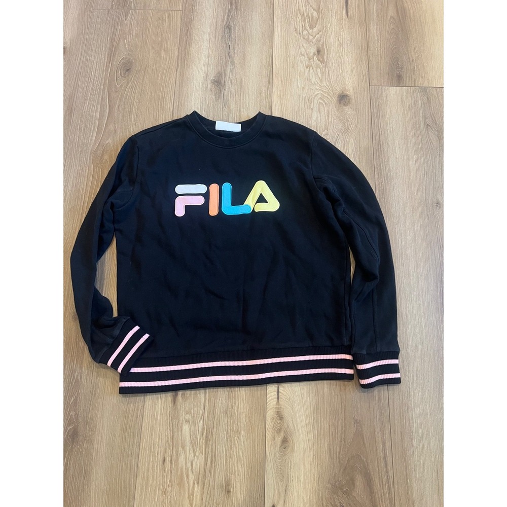 Fila Black Crewneck Sweatshirt Medium With Multicolor Logo & Pink Striped Cuffs